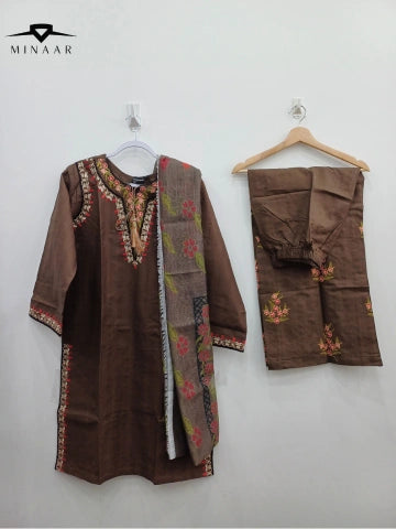Full stitched brown kurta, trousers, and floral diamond dupatta set