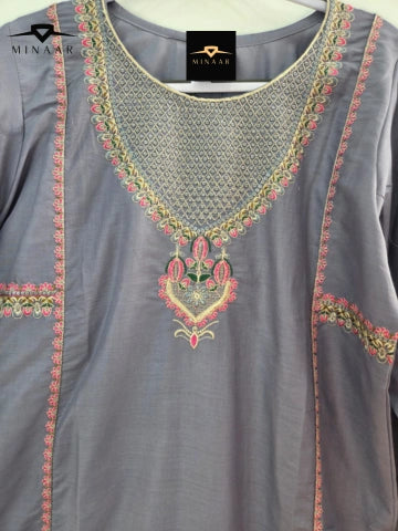 Gray Cotton Lawn 3-Piece Suit with Pink Embroidery, Tila Work & Printed Diamond Dupatta
