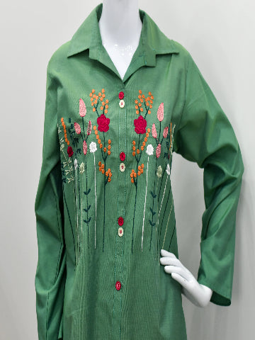 Green Floral Embroidered Kurta – Button-Down, Easy Fit