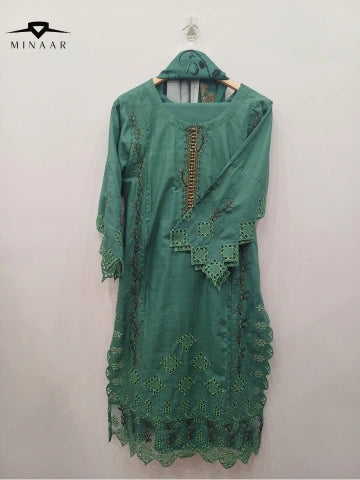 Green Cotton Embroidered Kurta Set with Printed Dupatta – 3 Piece