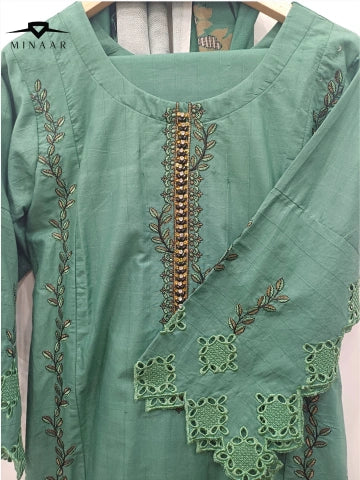 Green Cotton Embroidered Kurta Set with Printed Dupatta – 3 Piece