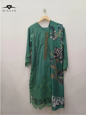 Green cotton kurta set with embroidery and printed dupatta