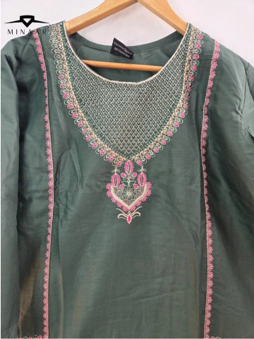 Green Cotton Lawn 3-Piece Suit with Pink Embroidery, Tila Work & Printed Dupatta