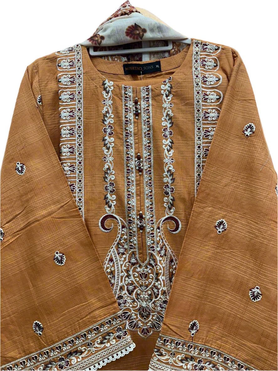 Orange Slub Cotton 3-Piece Set with Khaddi Net Dupatta | Embroidered Pakistani Ready-to-Wear Suit