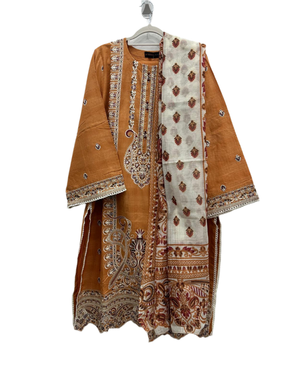 Orange Slub Cotton 3-Piece Set with Khaddi Net Dupatta | Embroidered Pakistani Ready-to-Wear Suit