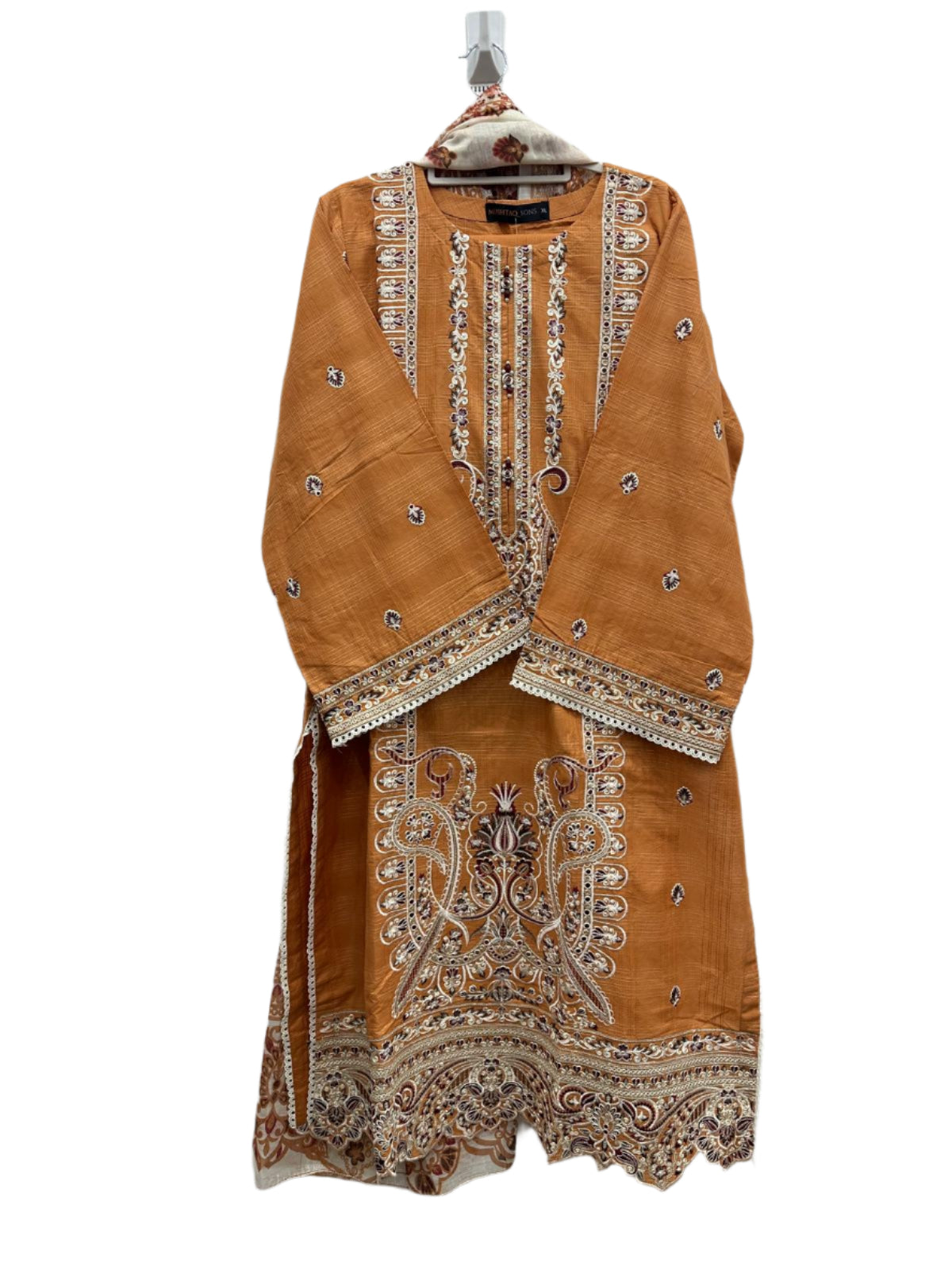 Orange Slub Cotton 3-Piece Set with Khaddi Net Dupatta | Embroidered Pakistani Ready-to-Wear Suit