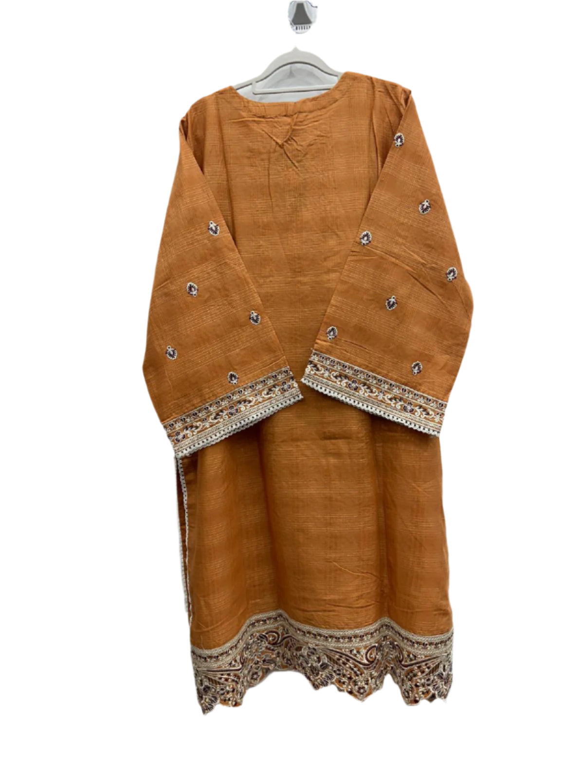 Orange Slub Cotton 3-Piece Set with Khaddi Net Dupatta | Embroidered Pakistani Ready-to-Wear Suit