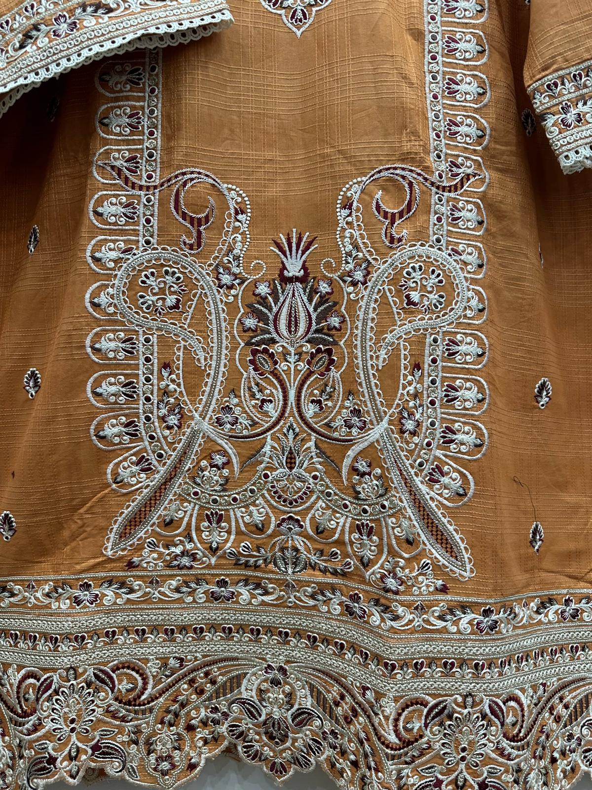 Orange Slub Cotton 3-Piece Set with Khaddi Net Dupatta | Embroidered Pakistani Ready-to-Wear Suit