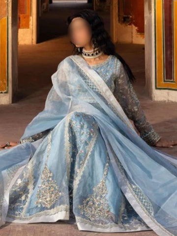 Ice Blue Embroidered Maxi Dress with Dupatta