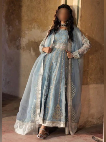 Ice Blue Embroidered Maxi Dress with Dupatta