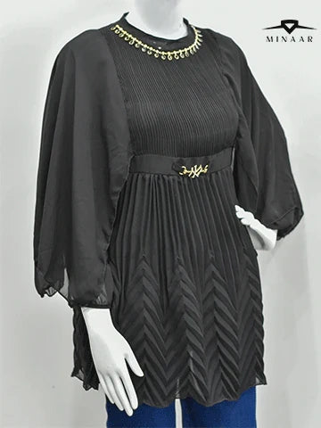 Imported Black Chiffon Frock – Elegant Pleated, Belted Design