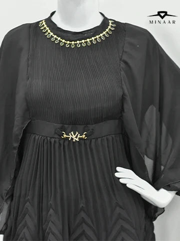 Imported Black Chiffon Frock – Elegant Pleated, Belted Design
