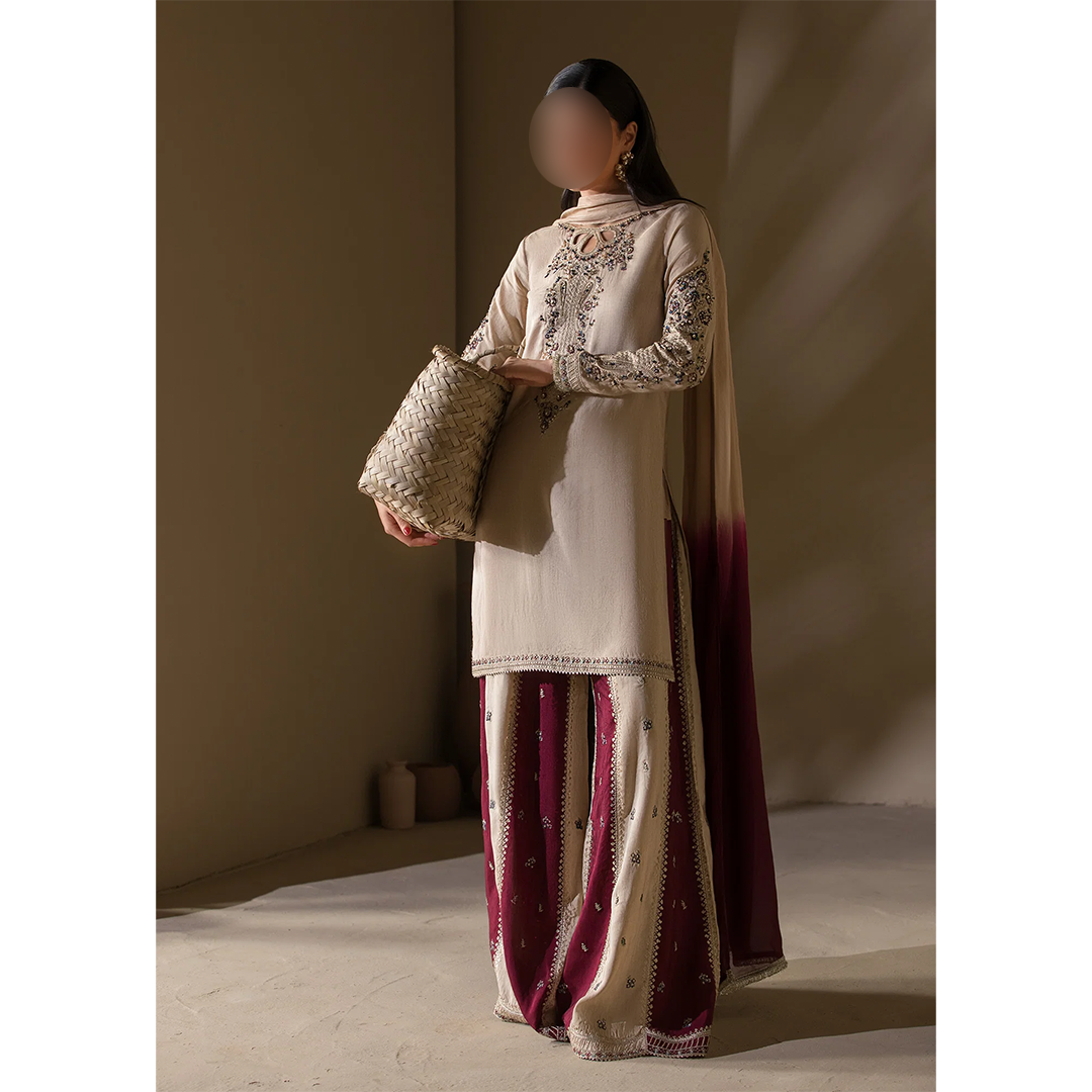 Ivory Pakistani Sharara 3 piece outfit with silk dupatta