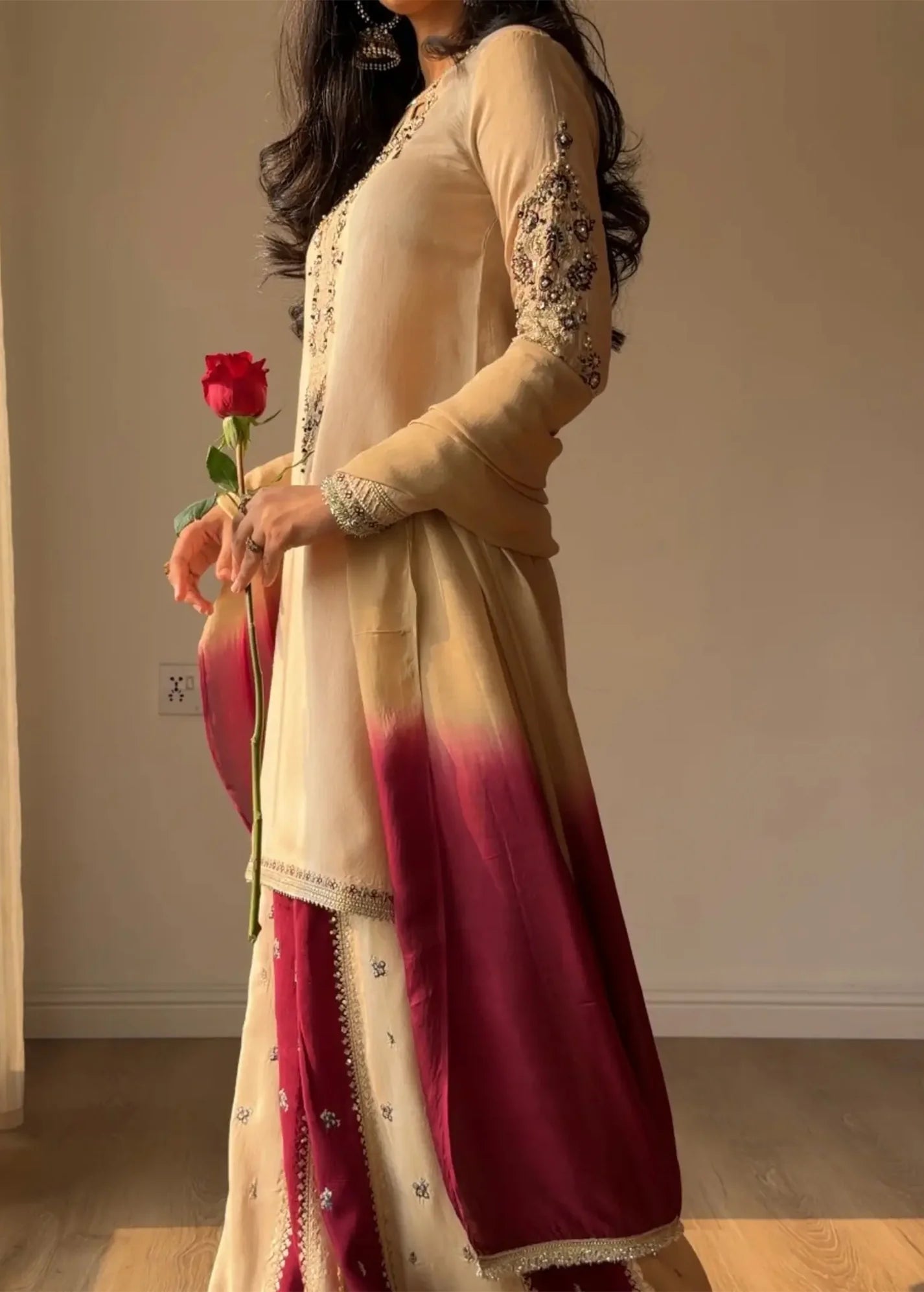 Ivory Pakistani wedding guest Sharara outfit