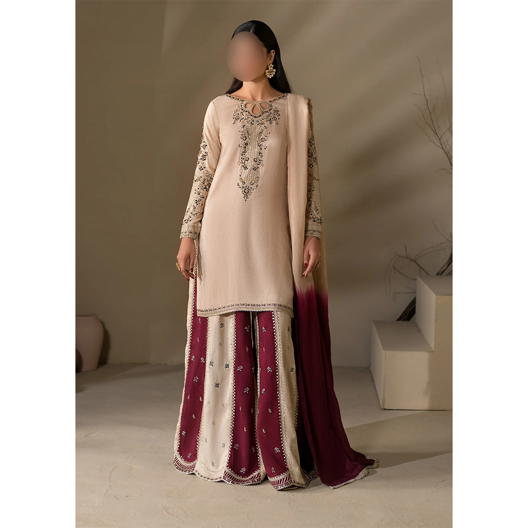 Ivory embroidered short kurta with two tone Sharara