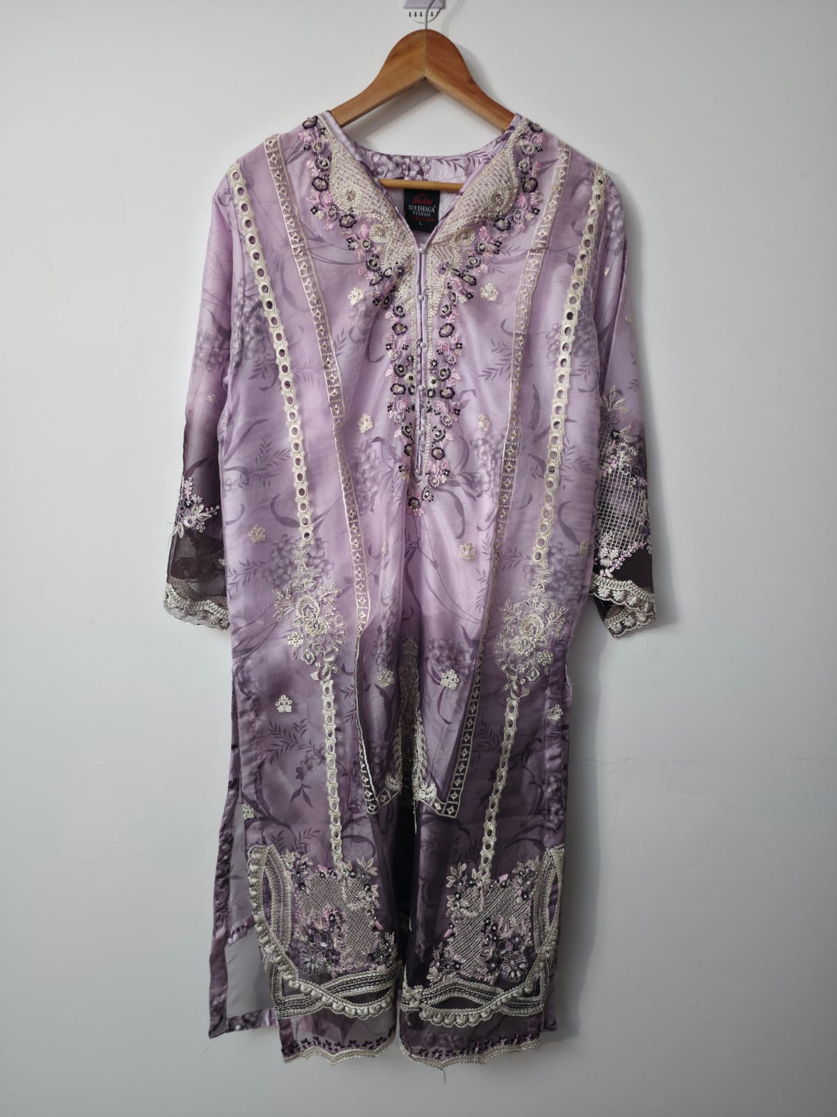 Lavender purple Pakistani 3 piece organza suit with embroidery, printed silk inner and trouser, and embroidered organza dupatta