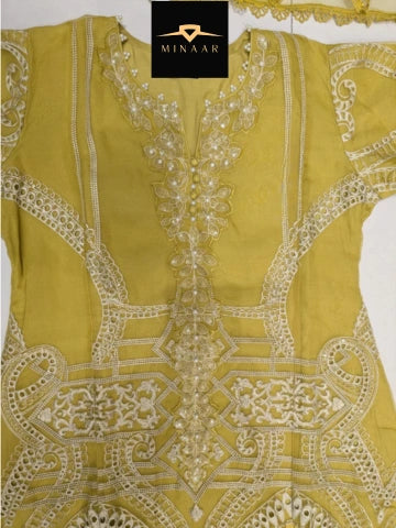 Lime Yellow Chikankari 3 Piece Stitched Outfit with Embroidered Dupatta
