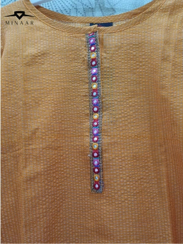 Light Orange Net Cotton 2PC Suit with Mirror & Thread Embroidered Sleeves