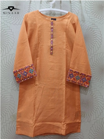Light Orange Net Cotton 2PC Suit with Mirror & Thread Embroidered Sleeves
