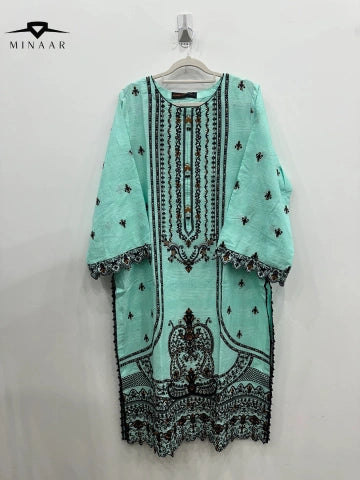 Aqua Slub Cotton Embroidered Kurta Set with Khaddi Net Dupatta – 3 Piece