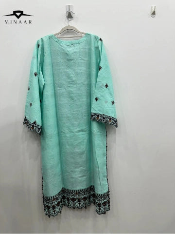 Aqua Slub Cotton Embroidered Kurta Set with Khaddi Net Dupatta – 3 Piece