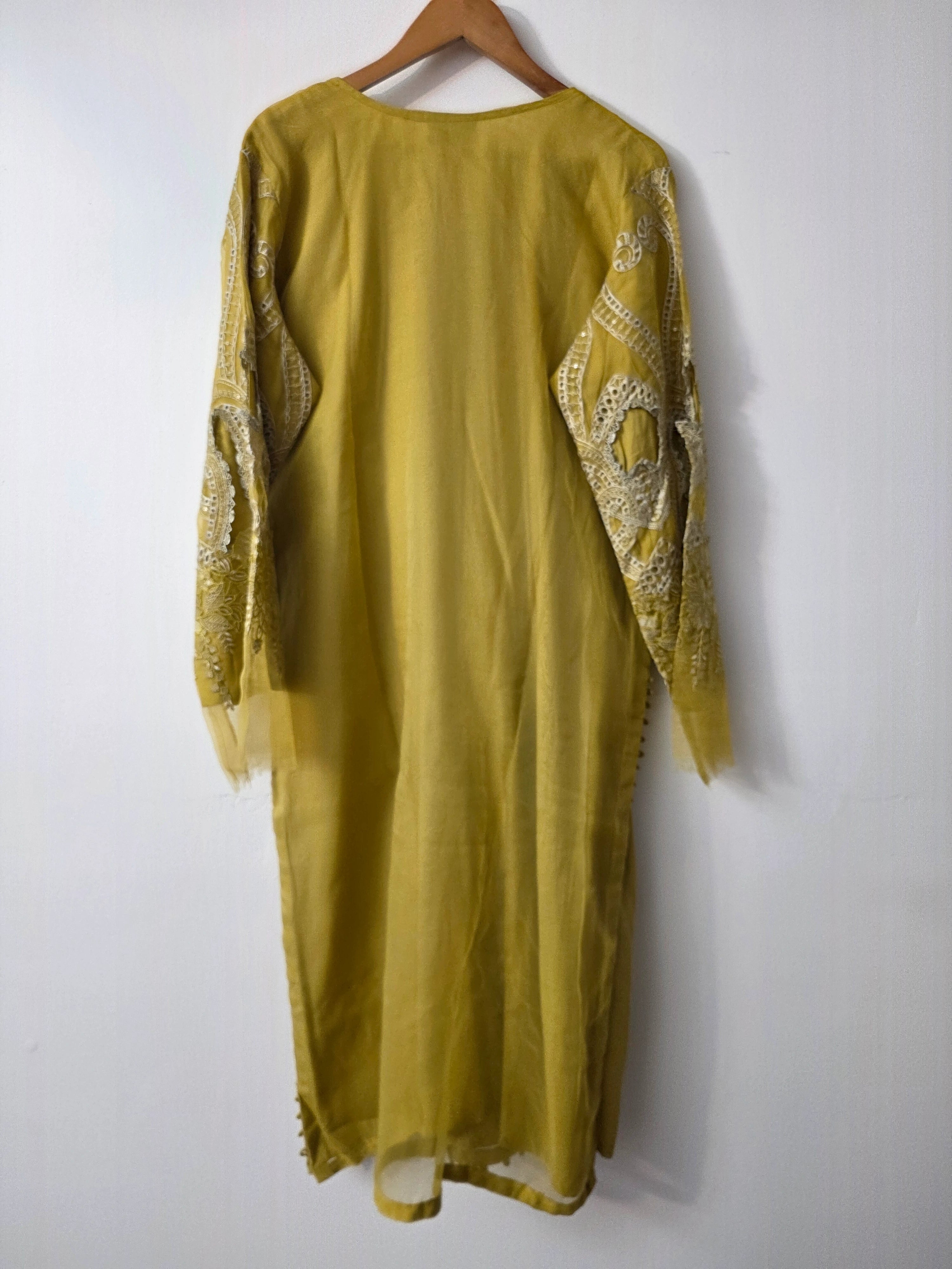 Lime yellow Pakistani outfit with pure chiffon embroidered dupatta