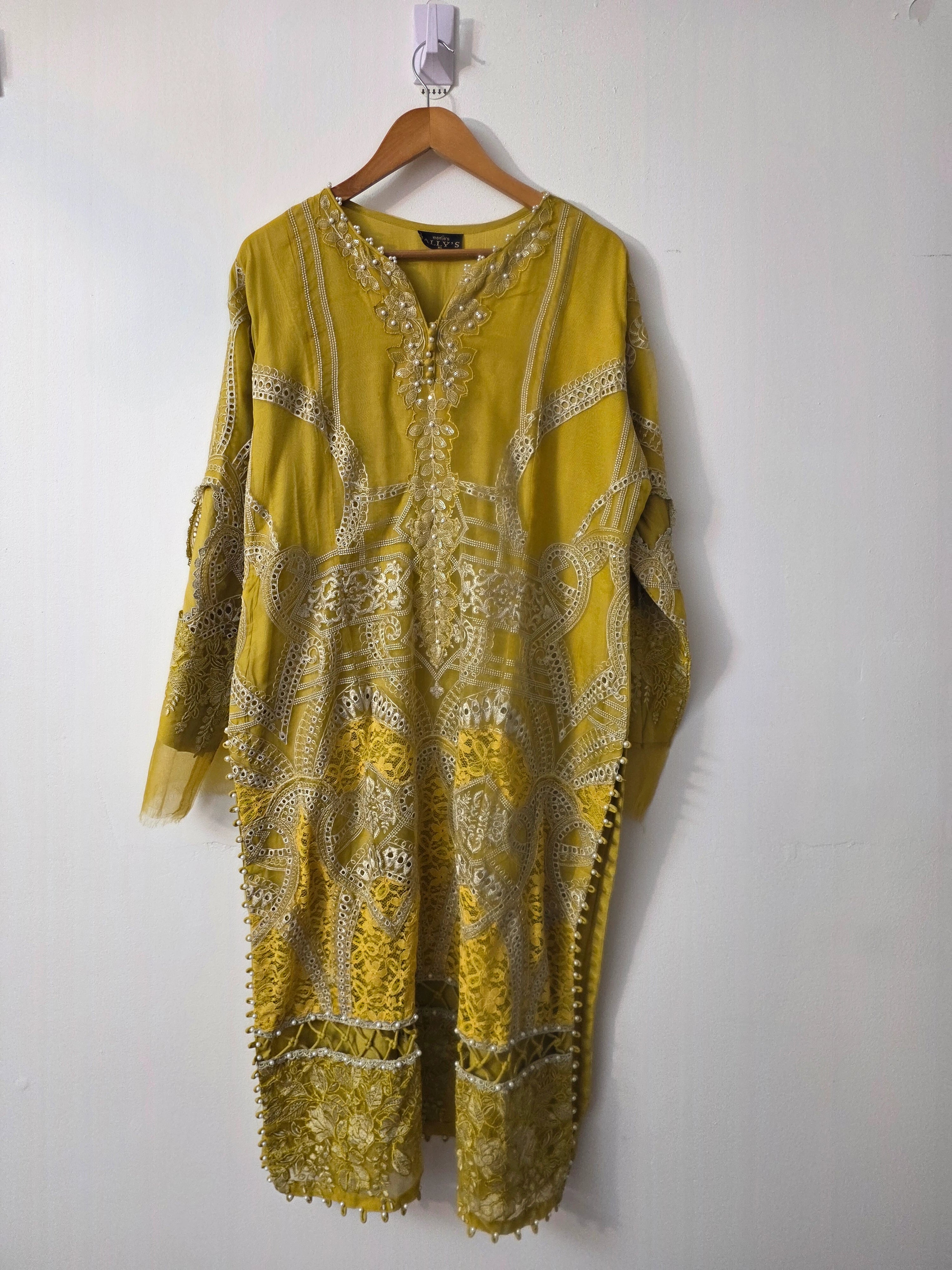 Lime yellow embroidered Pakistani lawn dress with organza detailing