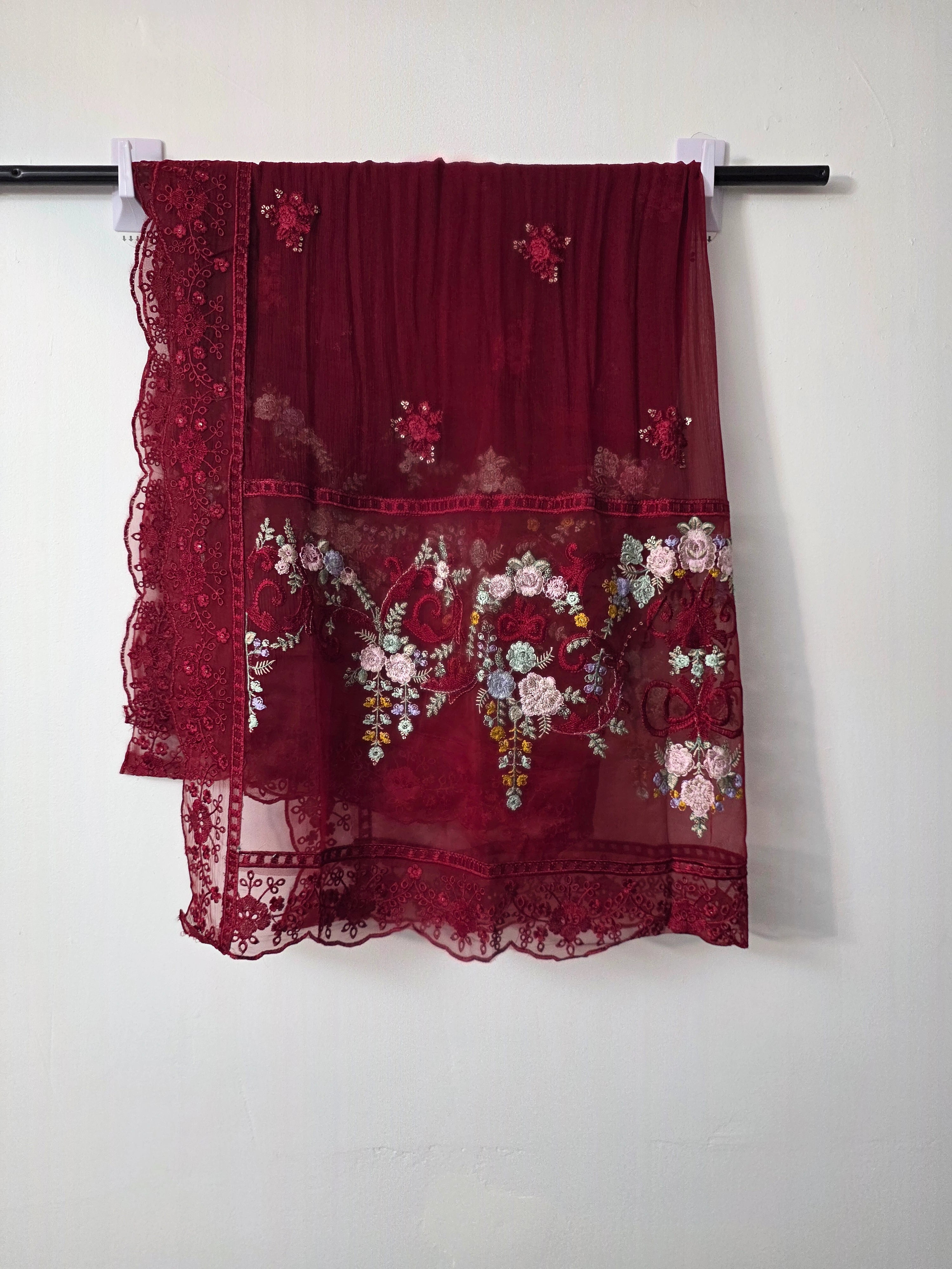 Luxury red chiffon suit with Katan silk trouser for Pakistani wedding
