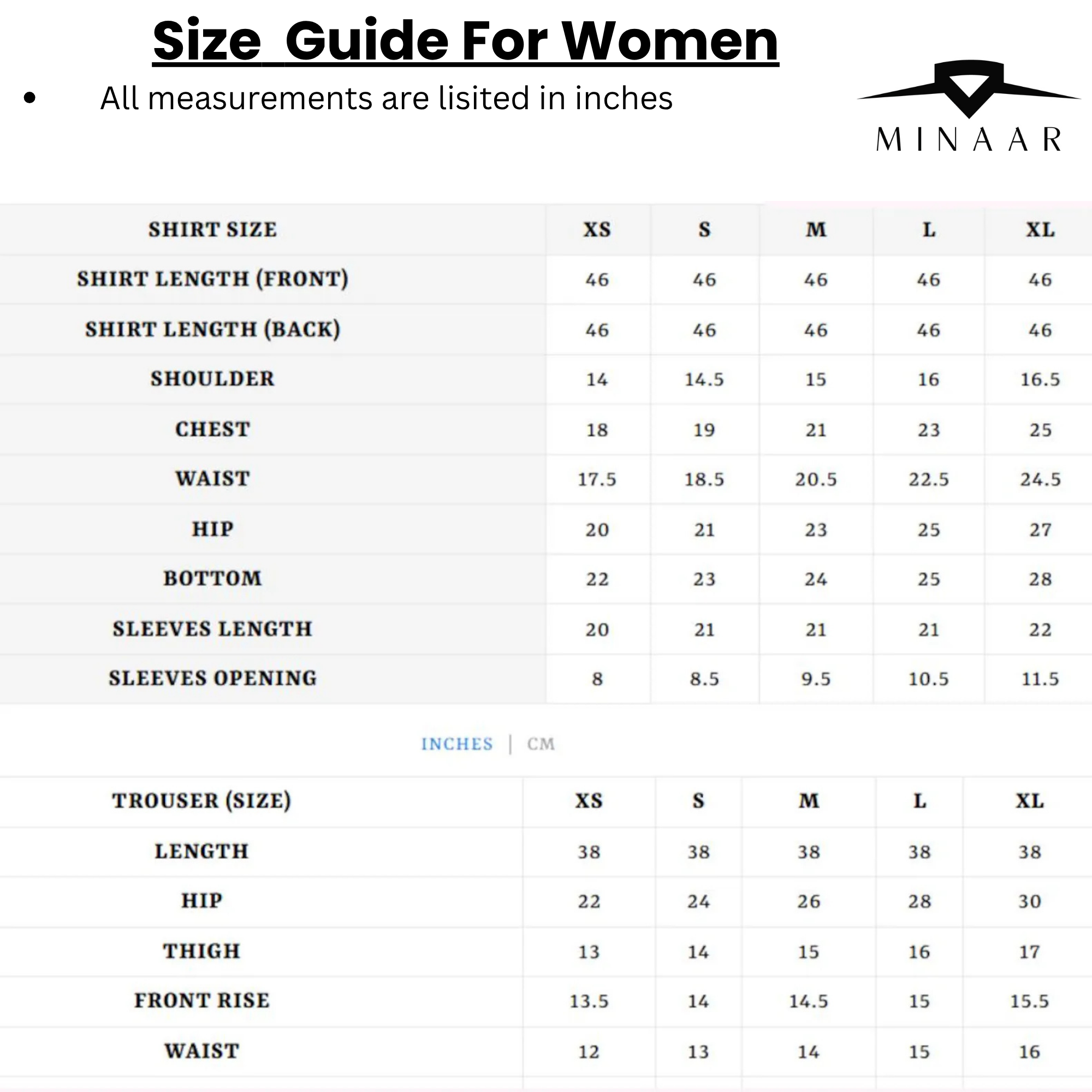 Size guide for women's shirts and trousers with Minaar branding