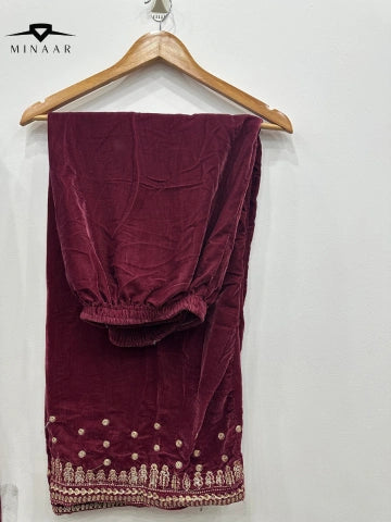 Maroon Velvet Embroidered Kurta Set with Shawl – 2 Piece