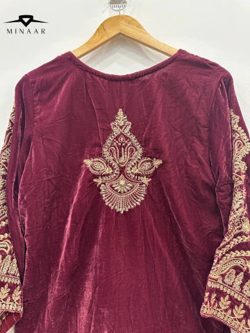 Maroon Velvet Embroidered Kurta Set with Shawl – 2 Piece