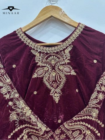 Maroon Velvet Embroidered Kurta Set with Shawl – 2 Piece