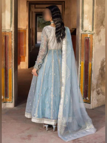 Ice Blue Embroidered Maxi Dress with Dupatta