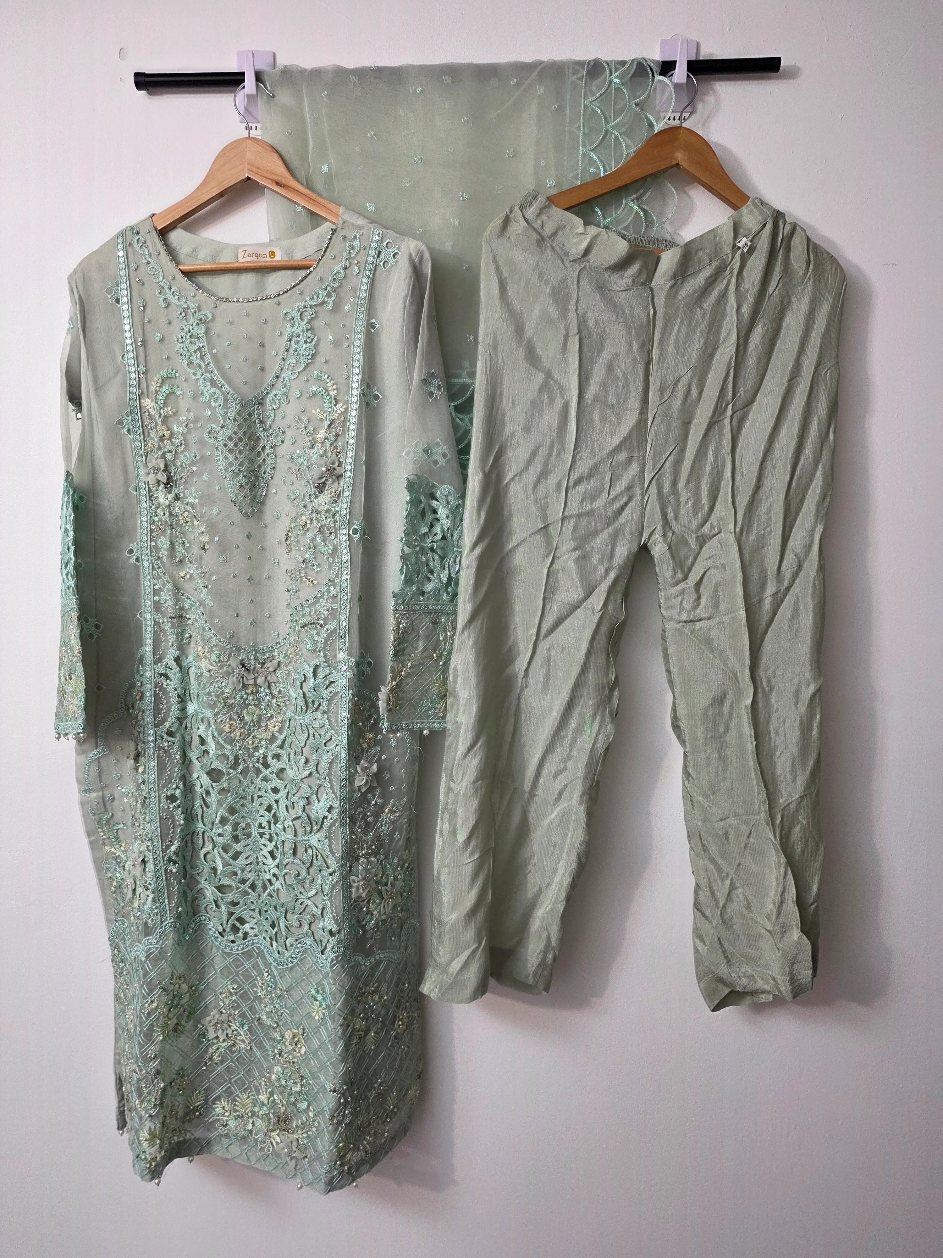 Mint green Pakistani 3 piece organza suit with embroidered long kurta