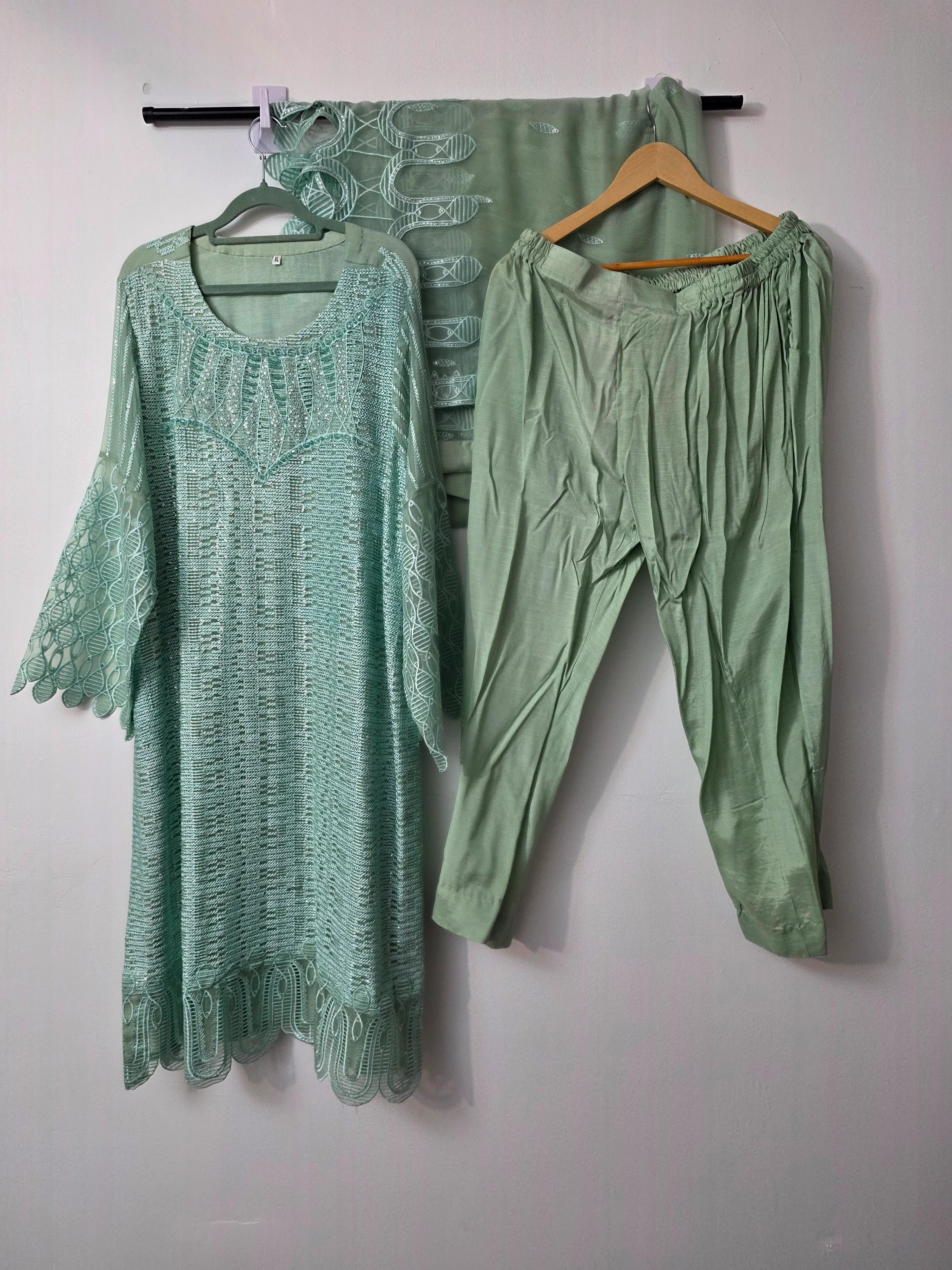 Mint green Pakistani chiffon dress size XL with heavy embroidery