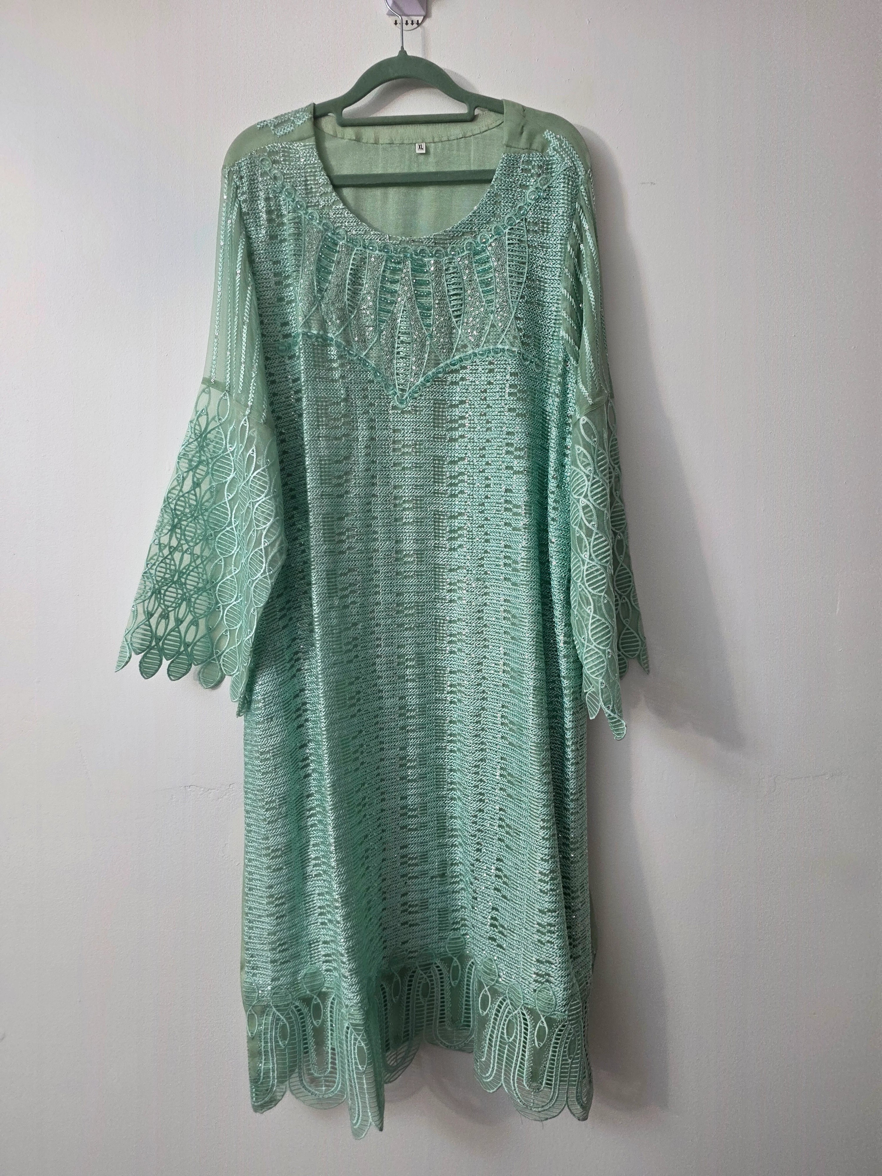 Mint green embroidered chiffon shirt with raw silk trouser