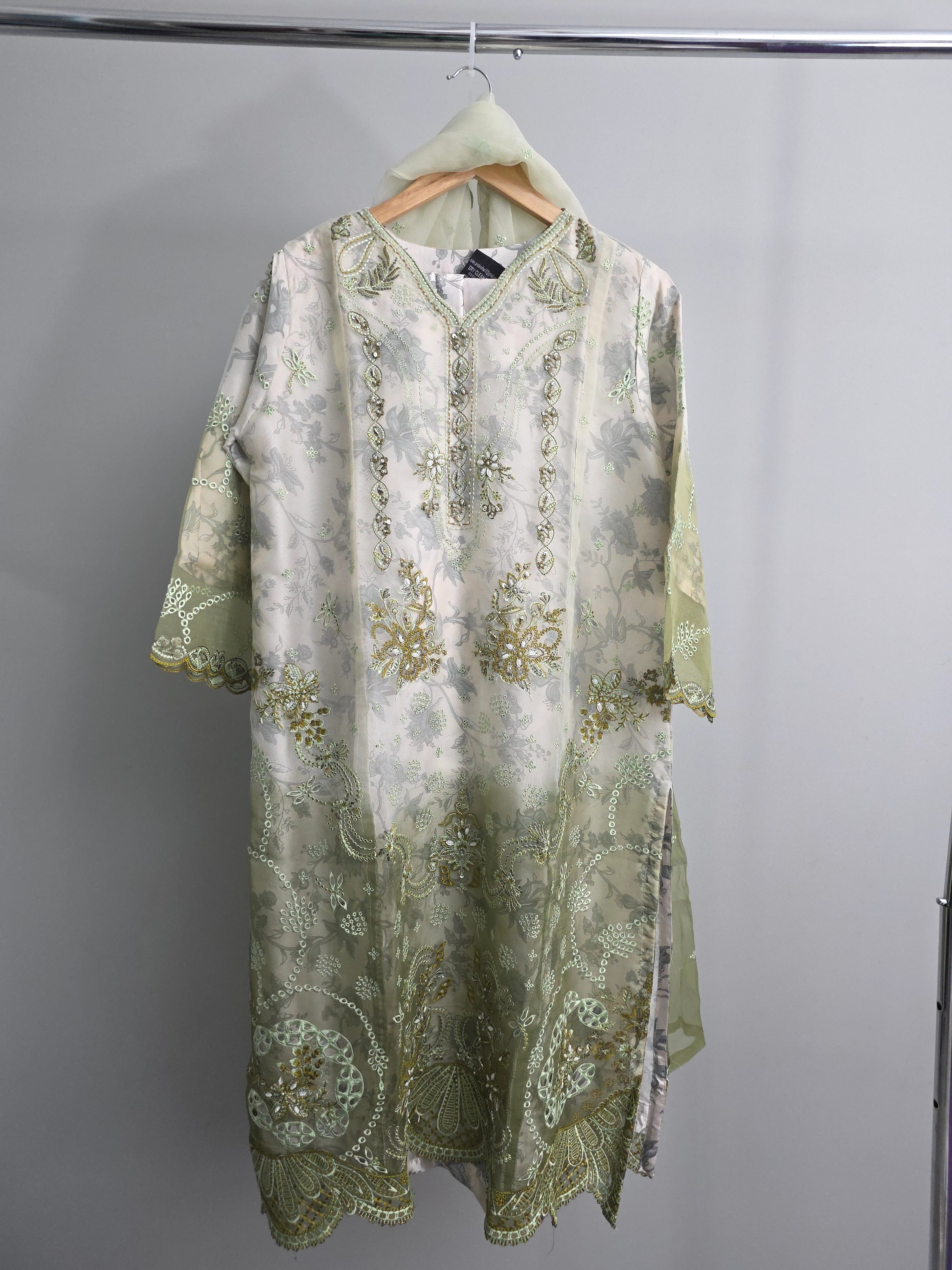 Mint green organza 3 piece Pakistani suit with pearl embroidery, printed silk and embroidered dupatta