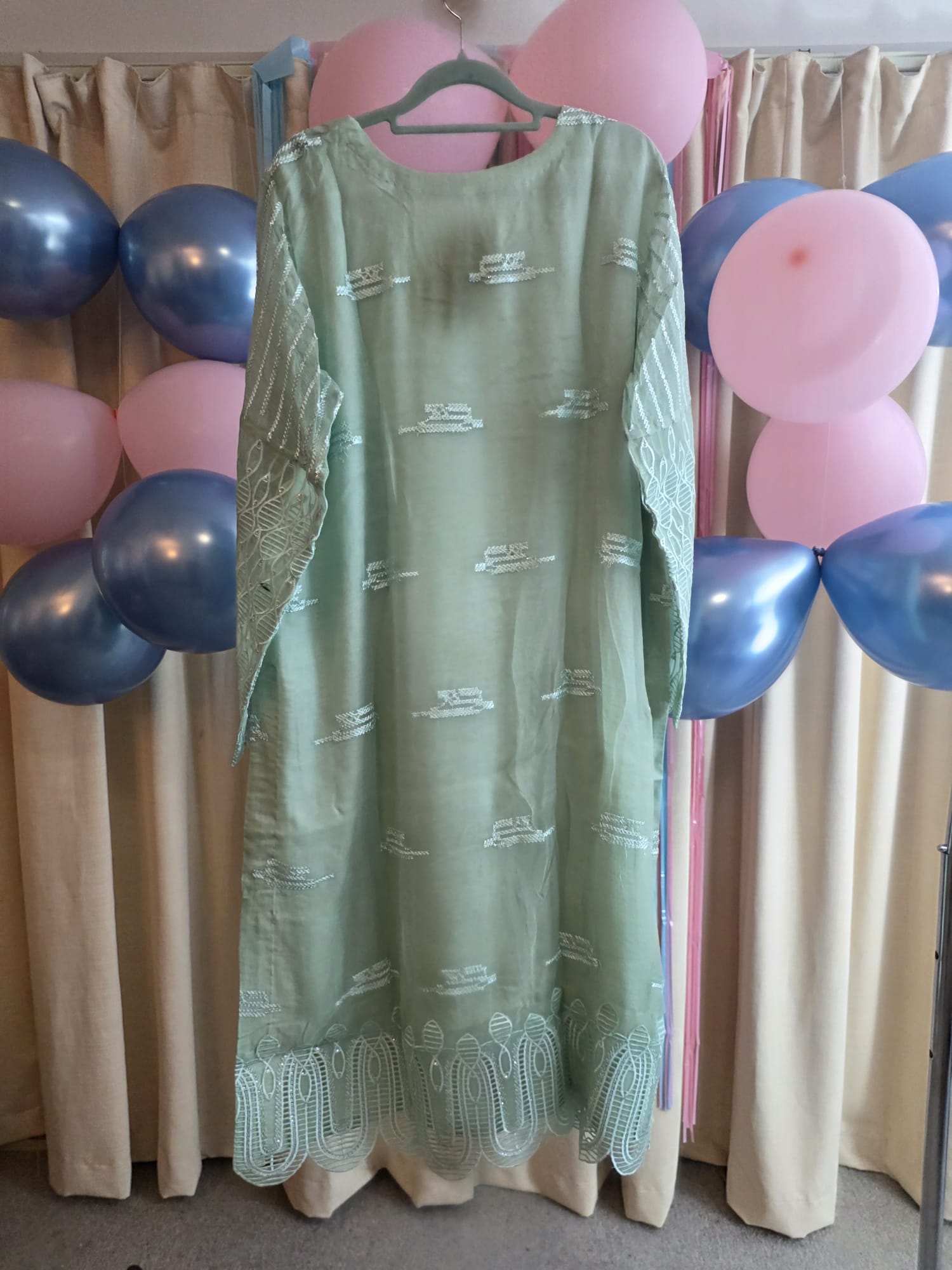 Mint green pure chiffon Pakistani shirt with embroidered motifs and cutwork border