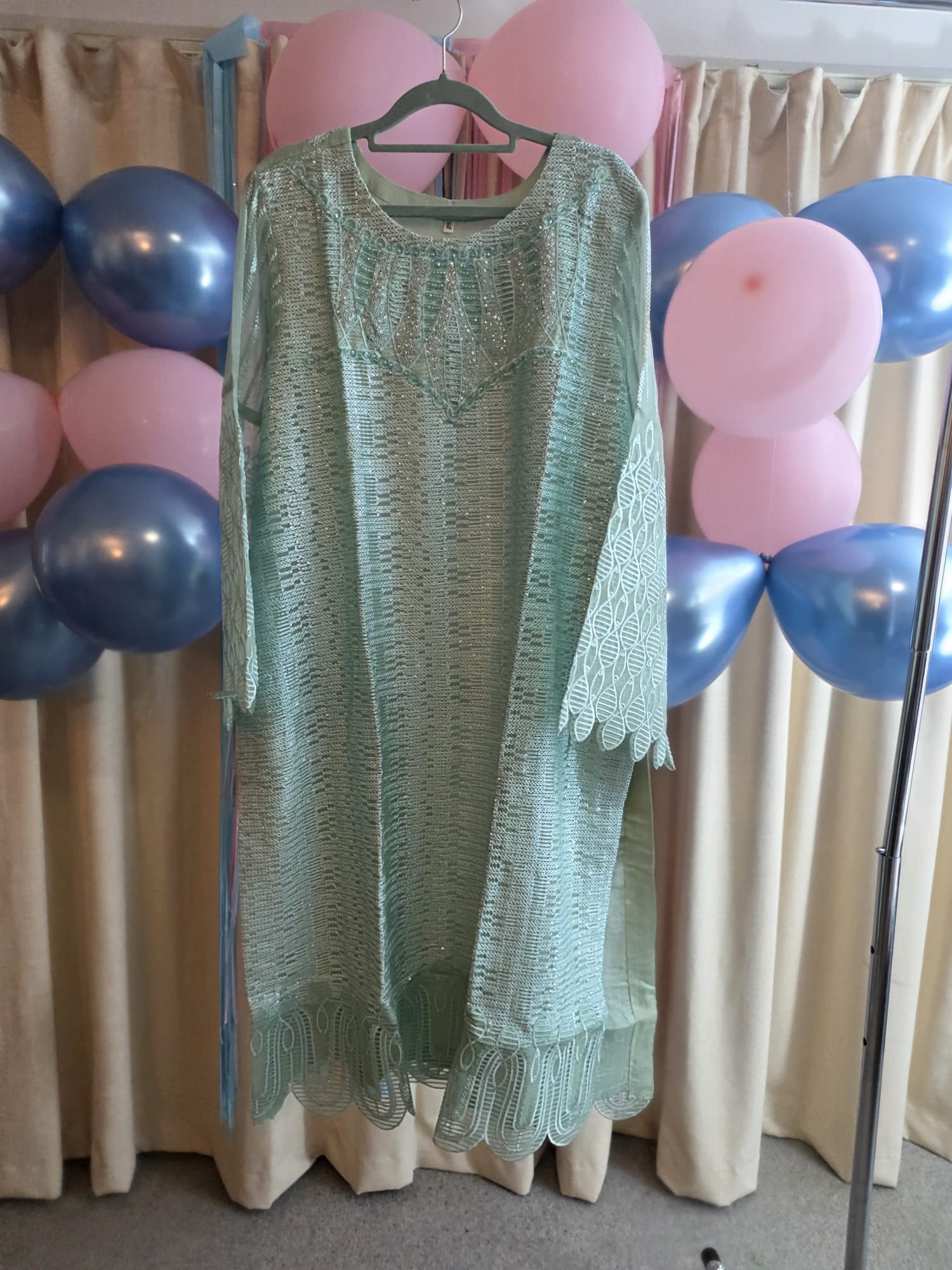 Mint green pure chiffon shirt with heavy embroidery, embellished neckline and embroidered border