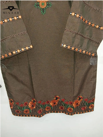 Brown Mirrorwork Multi Embroidery with Printed Karandi Shawl – 3PC Suit