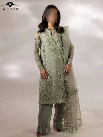 Moss Green Organza Kurta Set with Dupatta – 3 Piece Embroidered Party Wear Outfit for Women