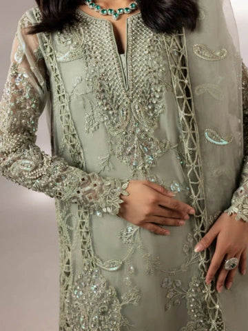 Moss Green Organza Kurta Set with Dupatta – 3 Piece Embroidered Party Wear Outfit for Women