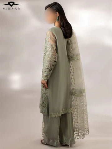 Moss Green Organza Kurta Set with Dupatta – 3 Piece Embroidered Party Wear Outfit for Women