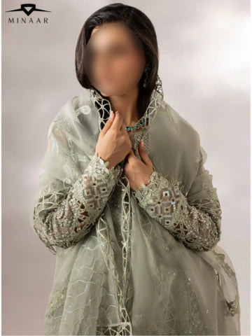 Moss Green Organza Kurta Set with Dupatta – 3 Piece Embroidered Party Wear Outfit for Women