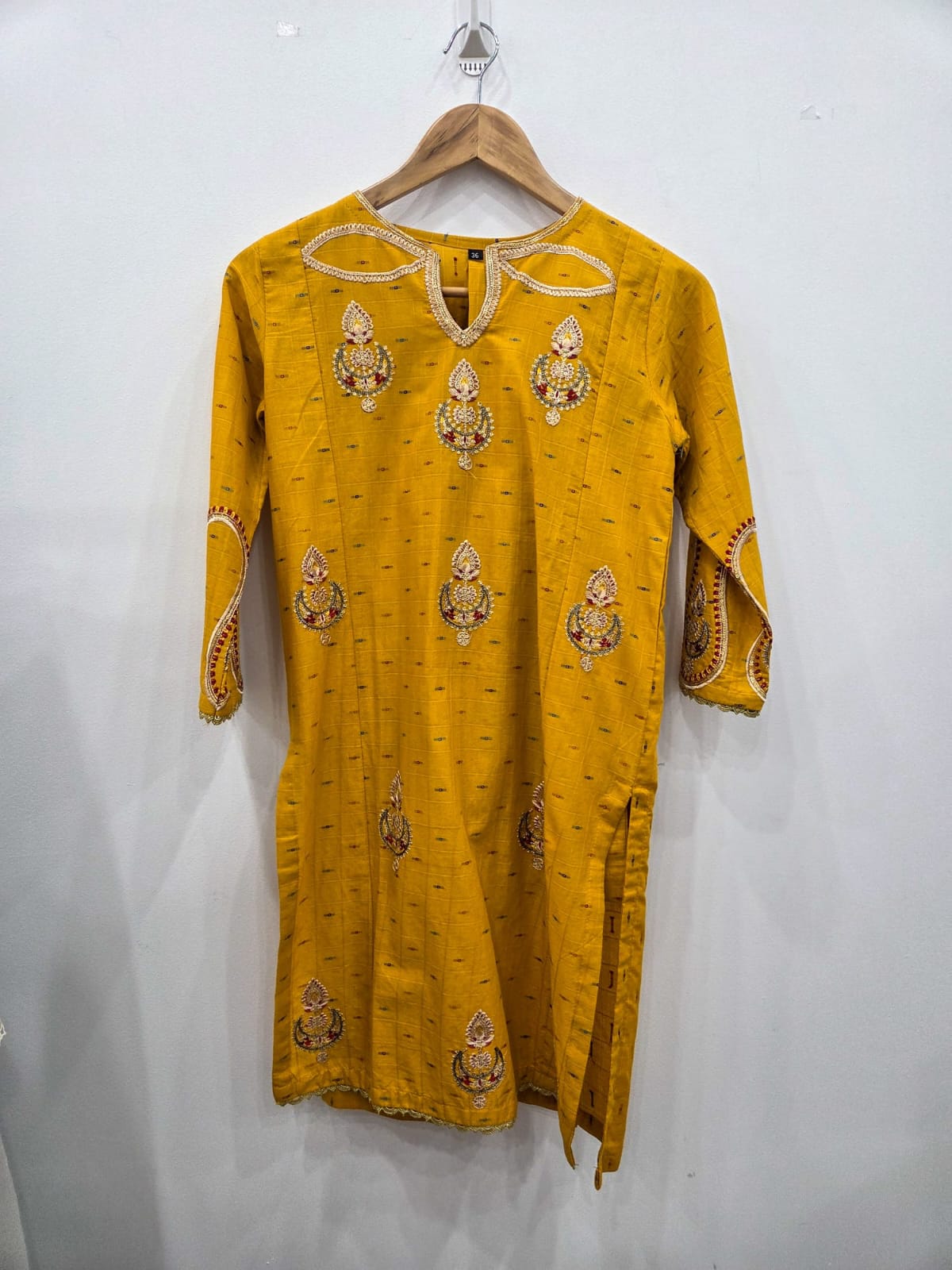 Mustard 2 piece girls Pakistani suit with tilla embroidered kurta and matching trouser