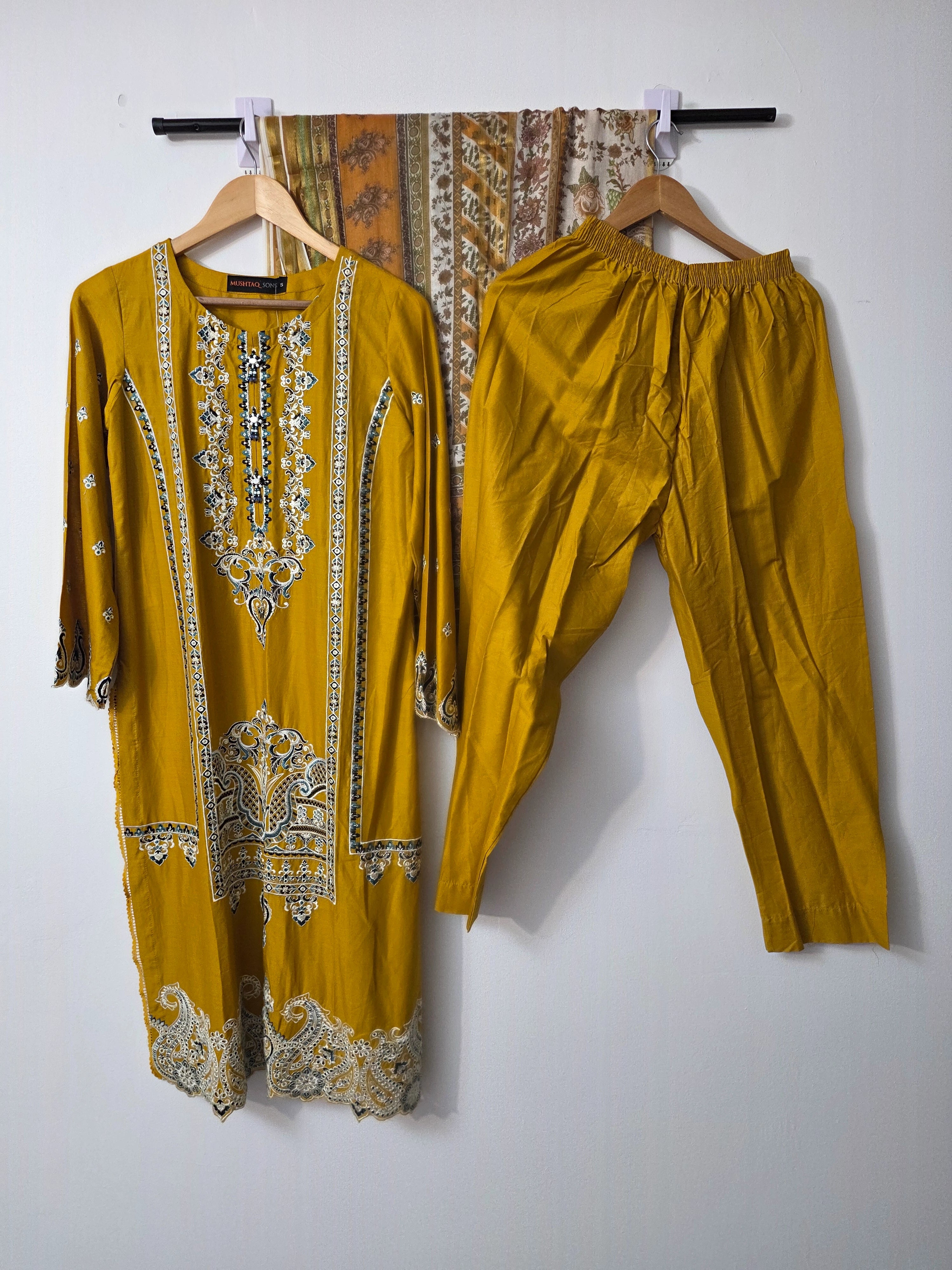 Mustard Pakistani 3 piece suit with embroidered Slub Cotton shirt