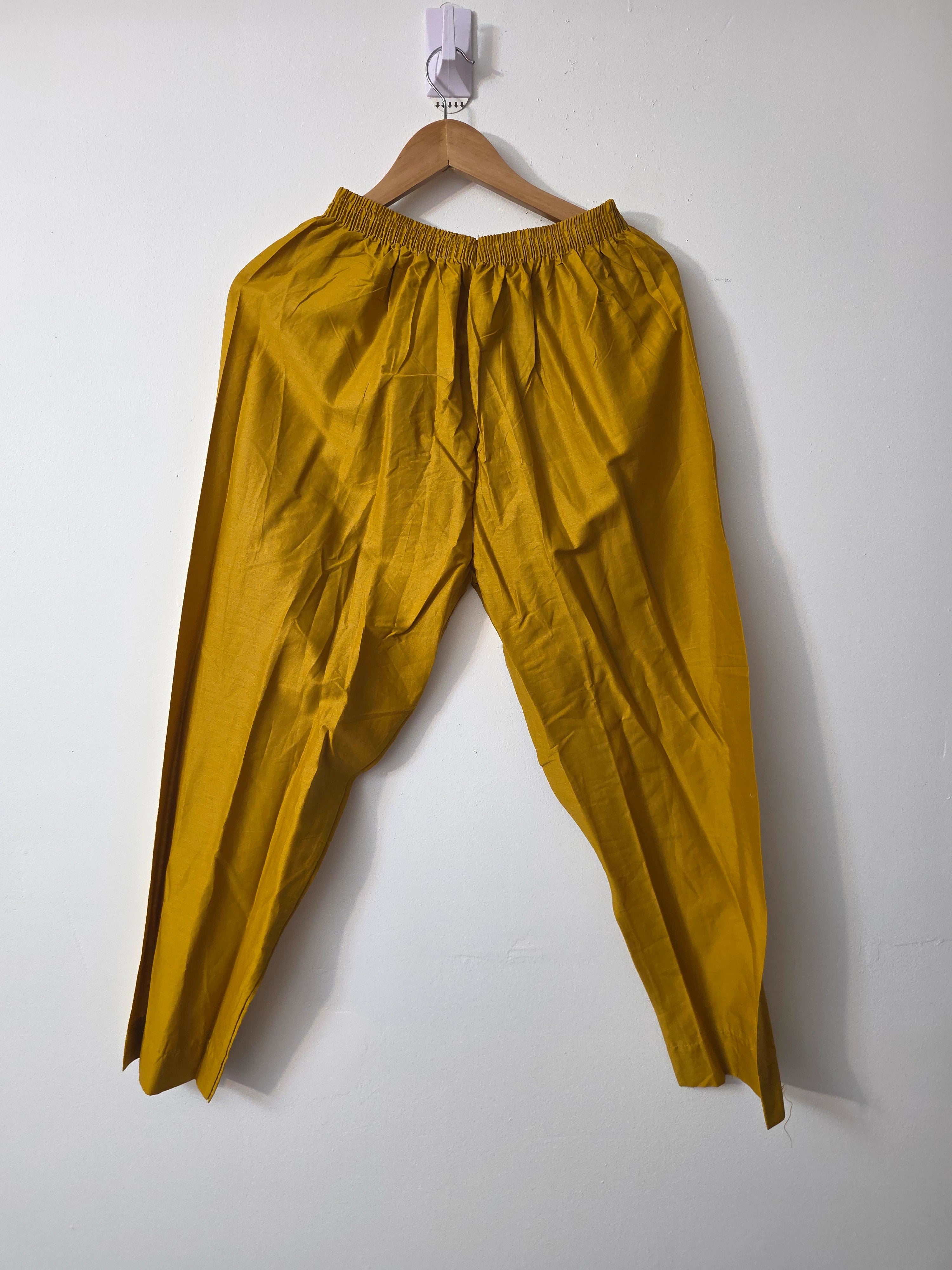 Mustard Slub Cotton Pakistani 3 piece outfit with embroidered shirt