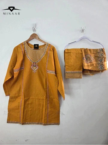 Mustard cotton lawn shirt with pink tila embroidery and printed dupatta