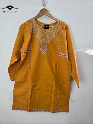 Mustard cotton lawn shirt with pink tila embroidery and printed dupatta