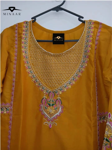 Mustard cotton lawn shirt with pink tila embroidery and printed dupatta